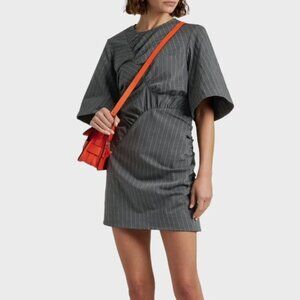 NWT GANNI Ruched Pinstriped Stretch Antrachite Mini Dress in Phantom L $375